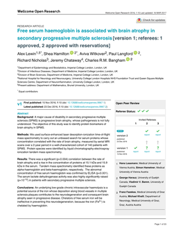 Free Serum Haemoglobin Is Associated With