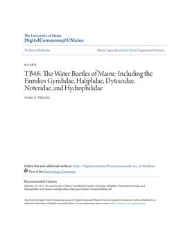 The Water Beetles of Maine: Including the Families Gyrinidae, Haliplidae, Dytiscidae, Noteridae, and Hydrophilidae