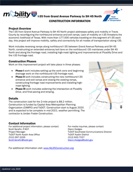 I-35 from Grand Avenue Parkway to SH 45 North CONSTRUCTION INFORMATION