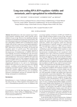 Long Non‑Coding RNA H19 Regulates Viability and Metastasis, and Is Upregulated in Retinoblastoma