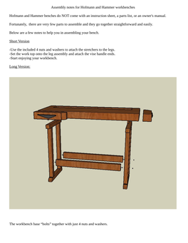 Assembly Notes for Hofmann and Hammer Workbenches Hofmann