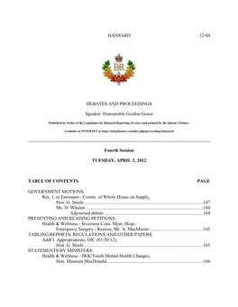 HANSARD 12-04 DEBATES and PROCEEDINGS Speaker