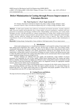 Defect Minimization in Casting Through Process Improvement-A Literature Review