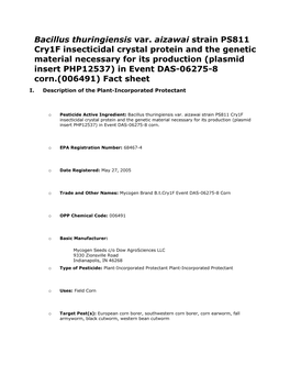 Bacillus Thuringiensis Var. Aizawai Strain PS811