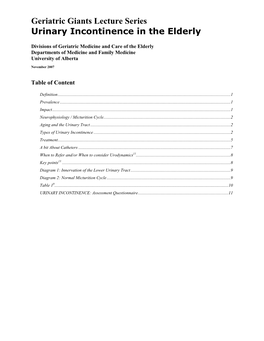 Geriatric Giants Lecture Series Urinary Incontinence in the Elderly