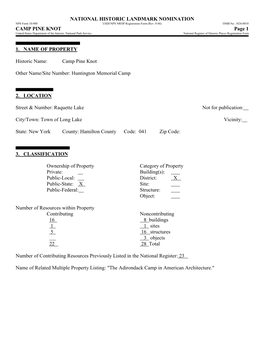 CAMP PINE KNOT Page 1 United States Department of the Interior, National Park Service National Register of Historic Places Registration Form