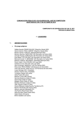 Comunicación Pública De Los Acuerdos Del Juez De Competición Adoptados El Día 17 De Octubre De 2014