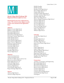 Moody's Mega Math Challenge 2014 Registered Schools (Alpha by State