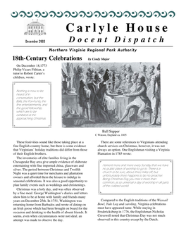 18Th-Century Celebrations by Cindy Major on December 18,1773 Philip Vicars Fithian, a Tutor to Robert Carter’S Children, Wrote