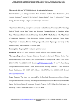 Therapeutic Effects of XPO1 Inhibition in Thymic Epithelial Tumors