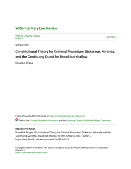 Constitutional Theory for Criminal Procedure: Dickerson, Miranda, and the Continuing Quest for Broad-But-Shallow