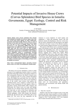 Corvus Splendens) Bird Species in Ismailia Governorate, Egypt: Ecology, Control and Risk Management