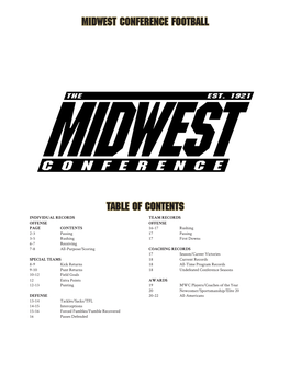 Midwest Conference Football Table of Contents