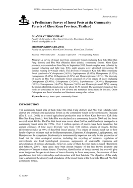 A Preliminary Survey of Insect Pests at the Community Forests of Khon Kaen Province, Thailand