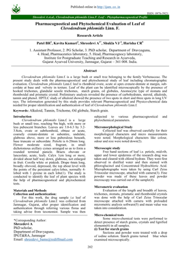 Pharmacognostical and Phytochemical Evaluation of Leaf of Clerodendrum Phlomidis Linn. F