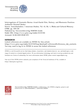 Interrogations of Cinematic Norms: Avant-Garde Film, History, and Mnemonic Practices Author(S): Christof Decker Source: Amerikastudien / American Studies, Vol