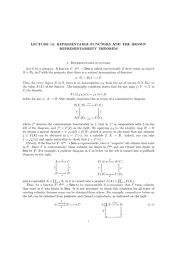 LECTURE 13: REPRESENTABLE FUNCTORS and the BROWN REPRESENTABILITY THEOREM 1. Representable Functors Let C Be a Category. a Funct