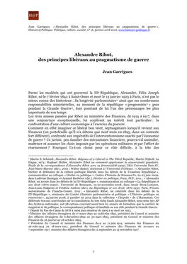 Alexandre Ribot, Des Principes Libéraux Au Pragmatisme De Guerre », Histoire@Politique