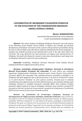 Contribution of Archbishop Volodymyr Sternyuk to the Evolution of the Underground Ukrainian Greek Catholic Church