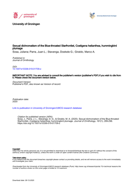 Sexual Dichromatism of the Blue-Throated Starfrontlet, Coeligena Helianthea, Hummingbird Plumage Sosa, Juliana; Parra, Juan L.; Stavenga, Doekele G.; Giraldo, Marco A