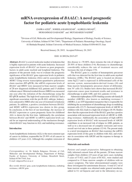 Mrna Overexpression of BAALC: a Novel Prognostic Factor for Pediatric Acute Lymphoblastic Leukemia