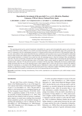 Reproductive Investment of the Pen Shell Pinna Nobilis (Bivalvia, Pinnidae) Linnaeus, 1758 in Cabrera National Park, Spain S