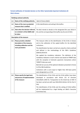 Notification of Intended Decision on the Other Systemically Important Institutions (O- Siis) in Greece