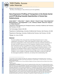 Gene Expression Profiling of Transporters in the Solute Carrier and ATP-Binding Cassette Superfamilies in Human Eye Substructures