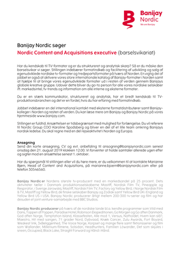 Banijay Nordic Søger Nordic Content and Acquisitions Executive (Barselsvikariat)