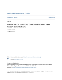 Civitatem Recipit: Responding to Revolt in Thucydides 3 and Caesar's Bellum Gallicum