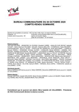 Bureau Communautaire Du 26 Octobre 2020 Compte-Rendu Sommaire