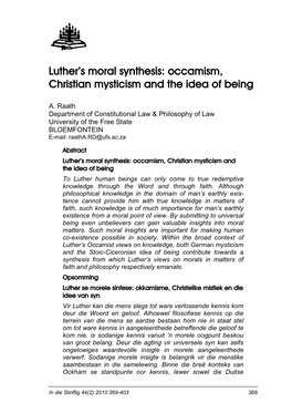 Luther's Moral Synthesis: Occamism, Christian Mysticism and the Idea Of