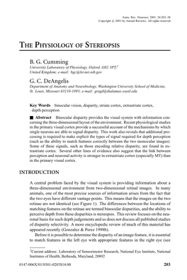 THE PHYSIOLOGY of STEREOPSIS B. G. Cumming G. C. Deangelis