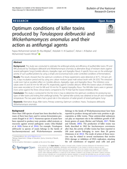 Optimum Conditions of Killer Toxins Produced by Torulaspora