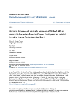 Genome Sequence of Victivallis Vadensis ATCC BAA-548, an Anaerobic Bacterium from the Phylum Lentisphaerae, Isolated from the Human Gastrointestinal Tract