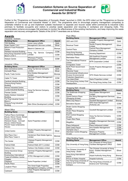 Commendation Scheme on Source Separation of Commercial and Industrial Waste Awards for 2016/17