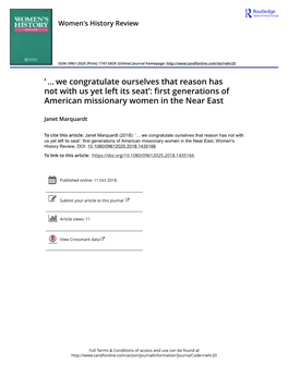 We Congratulate Ourselves That Reason Has Not with Us Yet Left Its Seat’: First Generations of American Missionary Women in the Near East