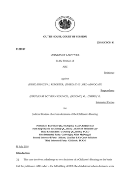 OUTER HOUSE, COURT of SESSION [2018] CSOH 81 P1229/17 OPINION of LADY WISE in the Petition of ABC Petitioner Against (FIRST)