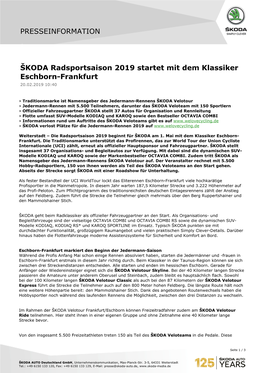ŠKODA Radsportsaison 2019 Startet Mit Dem Klassiker Eschborn-Frankfurt 20.02.2019 10:40