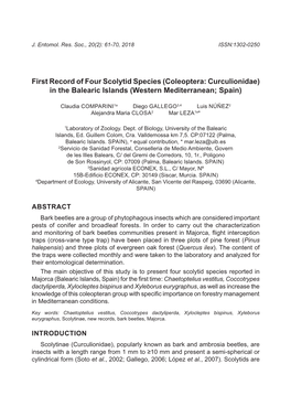 First Record of Four Scolytid Species (Coleoptera: Curculionidae) in the Balearic Islands (Western Mediterranean; Spain)