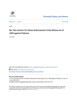 Qui Tam Actions for Citizen Enforcement of the Refuse Act of 1899 Against Polluters