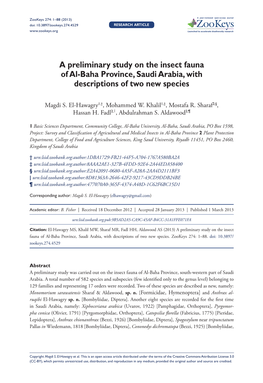 A Preliminary Study on the Insect Fauna of Al-Baha Province, Saudi Arabia, with Descriptions of Two New Species