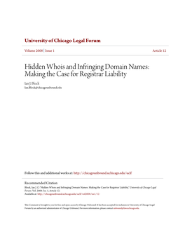 Hidden Whois and Infringing Domain Names: Making the Case for Registrar Liability Ian J