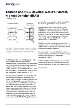 Toshiba and NEC Develop World's Fastest, Highest Density MRAM 7 February 2006