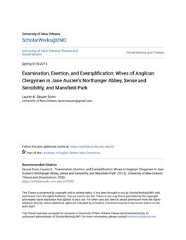 Examination, Exertion, and Exemplification: Wives of Anglican Clergymen in Jane Austen’S Northanger Abbey, Sense and Sensibility, and Mansfield Arkp