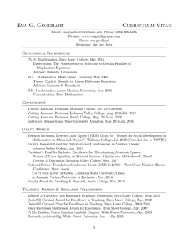 Eva G. Goedhart Curriculum Vitae Email: Eva.Goedhart@Williams.Edu, Phone: (484) 868-6486 Website: Skype: Eva.Goedhart Pronouns: She, Her, Hers