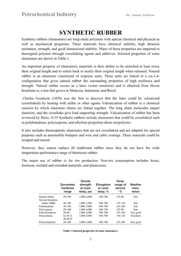 SYNTHETIC RUBBER Synthetic Rubbers (Elastomers) Are Long-Chain Polymers with Special Chemical and Physical As Well As Mechanical Properties