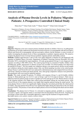 Analysis of Plasma Orexin Levels in Pedıatrıc Migraine Patients: a Prospectıve Controlled Clinical Study