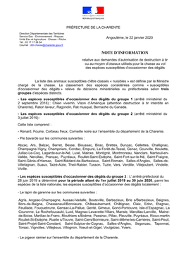 Angoulême, Le 22 Janvier 2020 Tél : 05 17 17 38 54 Courriel : Ddt-Chasse@Charente.Gouv.Fr