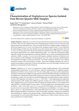 Characterization of Staphylococcus Species Isolated from Bovine Quarter Milk Samples